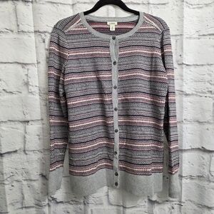 L.L. Bean Womens Gray Fair Isle Striped Cotton Cashmere Cardigan Sweater Size M